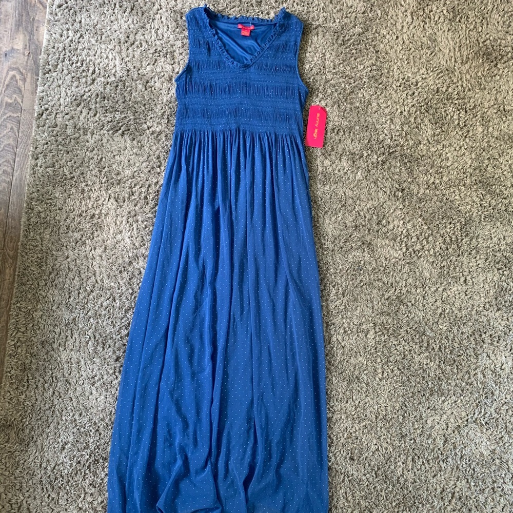sunny leigh blue smocked maxi dress